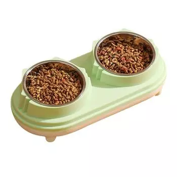 Pet Double Bowl Plastic and Stainless Steel Double Dog Water and Food Bowl for Home