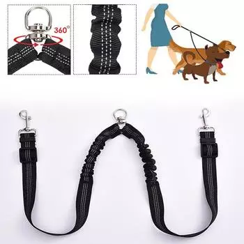 Pet Double Head Elastic Towing Rope with One Drag Two Buffered Dog Rope Dog Strap with 360 degree Rotating Telescopic Dog Pull чёрный