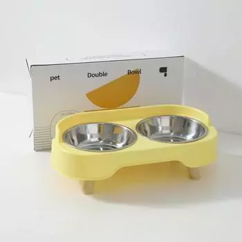 Pet Eating and Drinking Water Cat Bowl Boxed Sofa Stainless Steel Double Bowl Cat Food Basin Cat Supplies лимонно-желтый