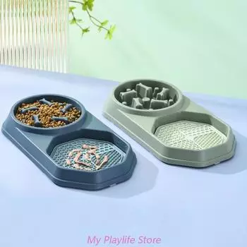 Pet Food Feeder and Licking Mat Slow Feeding Dogs Feeder Cats Anti-overturning Bowl Anti-Leak Water Fountain Slanted Raised Bowl синий