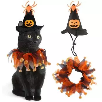 Pet Halloween Hat Scarf Set Cat Cape Hat Set Accessories Dog Oшейник Pet Pumpkin Mesh Ожерелье для собак на Хэллоуин one size
