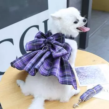 Pet Jk Клетчатое платье, шлейка и поводок для собак, комплект с юбкой-бантом, жилет для котят и щенков, роскошная одежда для собак, наряды для чихуахуа, товары для бишонов XS