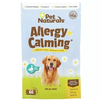 Pet Naturals, Allergy + Calming, для собак, утка, 60 жевательных таблеток размером на один укус, 3,17 унции (90 г)