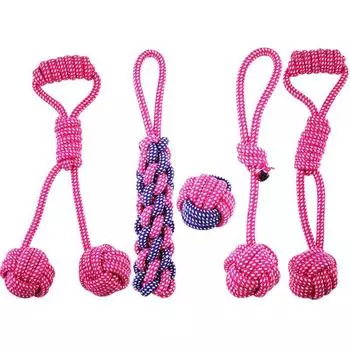 Pet Supplies Big Dog Toy Doggy Teeth Cleaning and Biting Interaction Dog Pet Cotton Rope Toys Suit Bite-Resistant Golden Retriever Pink five-piece small size