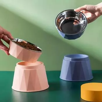 Pet Supplies Cat Food Bowl Raised Pet Puppy Feeder Drinking Bowl Stainless Steel Cat Water Feeding Dish Pet Eating Dishes синий