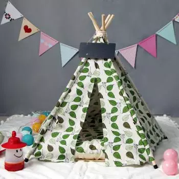 Pet Tent Lime Leaf Dog House Linen Fabric Wooden Pet House S (40 40 50cm)