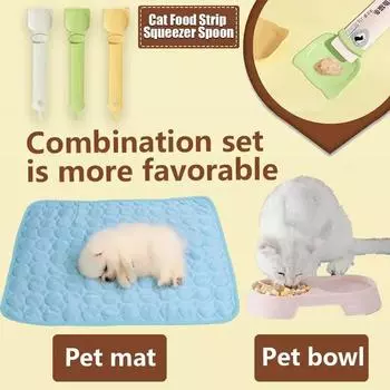 Pet Three Piece Set Summer Dog Cooling Pad Pet 2-in-1Bowl Cat Feeding Spoon Cat Bowl Dog Bowl Pet Spoon Dog Beds for Large Dogs