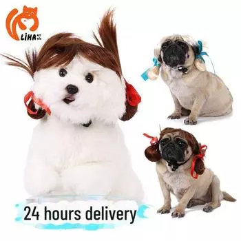 Pet Wig Headdress for Dogs and Cats - Halloween & Christmas Straight Hair Double Ball Head Accessories red ribbon double ponytail коричневый