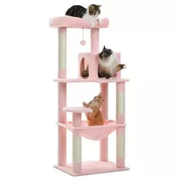PETEPELA Cat Large Cat Стационарное пространство Просмотр Натуральная конопляная когтеточка Облегчает отсутствие нескольких кошек L 143 см Башня, Тонкий, Компактный, Кошка, Башня, Тип, розовый