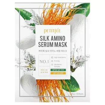 Petitfee, Silk Amino Serum Beauty Mask, 10 упаковок по 25 г каждая