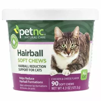 petnc NATURAL CARE Мягкие жевательные конфеты Hairball, подходят для всех кошек, со вкусом курицы и сыра, 90 мягких жевательных конфет