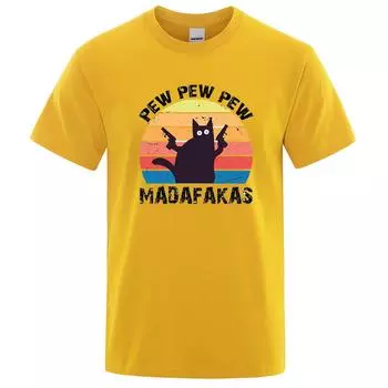 Pew Pew Madafaks Cat Personality Мужские топы, свободные хлопковые футболки, летние уличные футболки, модные дышащие футболки для мужчин S чёрный
