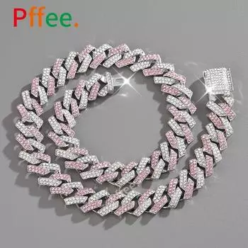 Pffee 14 мм 50 60 см кубинская цепочка с розовым покрытием, синий циркон, ювелирные изделия в стиле рэпера, роскошное ожерелье в стиле хип-хоп для мужчин и женщин, подарок на день рождения 50cm