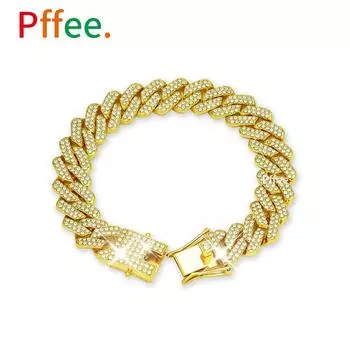 Pffee 14 мм хип-хоп кубинская звеньевая цепь 18-каратное позолоченное серебро роскошный браслет для женщин и мужчин горный хрусталь рэпер ювелирные изделия подарок 20cm серебряный