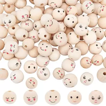 PH PandaHall Smile 5 Expression Wooden Craft Деревянное ожерелье, аксессуар 100 шт. Бусины, круглые, милые, типы, бусины, бусины, бусины, куклы, поделки, дерево,