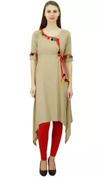 Phagun Анграха Стиль Район Женская Туника Курта Пом-Пом Дизайнер Курти Топ Индийский 10 бежевый