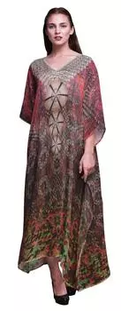 Phagun Artistic Floral & Check Geometric Beach Kaftan Bikini Cover up Womena s Maxi Dress Long 4X-5X глубоко персикового