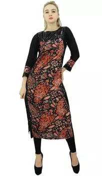 Phagun Black Rayon Mid Calf Printed Striaght Kurti Женская повседневная одежда-10 14 чёрный
