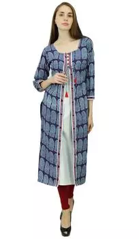 Phagun Block Pattern Хлопок Designer Kurta Этнический топ-туника Платье Kurti 10 синий