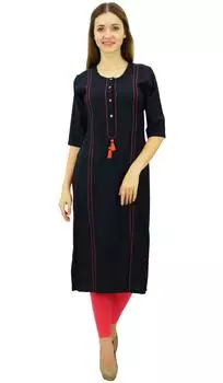 Phagun Blue Straight Kurti Classic Kurta Tassel Повседневная Индийская Туника Блузка - 14 темно-синий