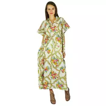 Phagun Caftan Dress Printed Maxi Nightwear Хлопок Bohemian Women Kaftan 14 покинуть белый