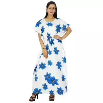 Phagun Caftan Maxi Nightwear Хлопковое платье с принтом Богемная женская одежда 28 белый