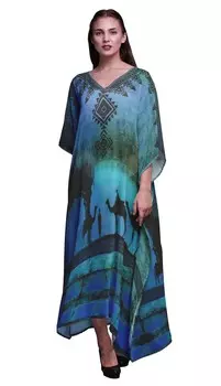 Phagun Camel Mughal Beach Kaftan Bikini Cover up Длинное макси-платье Women 4X-5X синий