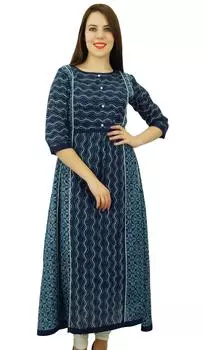 Phagun Cotton Abstract Anarkali Kurti Женская этническая туника Платье Дизайнер 10 темно-синий