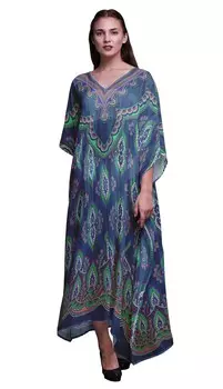 Phagun Цветочные Этнические Дамы Kaftan Holiday Loungewear Maxi Dress Beach 4X-5X синий