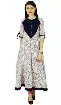 Phagun Цветочный Болливуд Курта Женщины Этническая Курти Хлопок Топ Туника Платье 10 покинуть белый