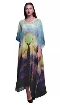 Phagun Deer Animal Womens Long Beach Kaftan Пляжная одежда Бикини Coverup Maxi 4X-5X синий