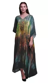 Phagun Deer Jungle Womens Long Beach Kaftan Пляжная одежда Бикини Coverup Maxi 4X-5X глубоко персикового