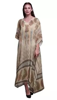 Phagun Floral & Paisley Beach Kaftan Bikini Cover up Womena s Maxi Dress Long 4X-5X бежевый