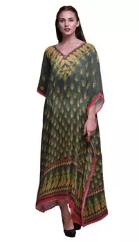 Phagun Floral & Paisley Ladies Kaftan Holiday Loungewear Maxi Dress Beach 4X-5X темно-зеленого