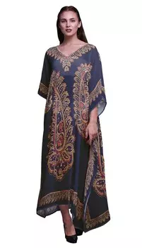 Phagun Floral & Paisley Ladies Kaftan Holiday Loungewear Maxi Dress Beach 4X-5X темно-синий
