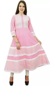 Phagun Хлопковая Полоса Повседневная Курта Женский Этнический Топ Туника Дизайнер Anarkali 10 розовый