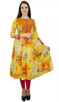 Phagun Хлопок Этническая Женская Курта 3 4 Рукава Дизайнер Anarkali Цветочные Курти 14 жёлтый