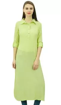 Phagun Indian Cotton Blend Kurti Kurta Повседневная одежда Туника с воротником и воротником для 10 лаймовый