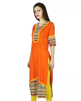 Phagun Indian Designer Cotton Rayon Kurta Women Kurti Casual Top Tunic Dress 10 оранжевый