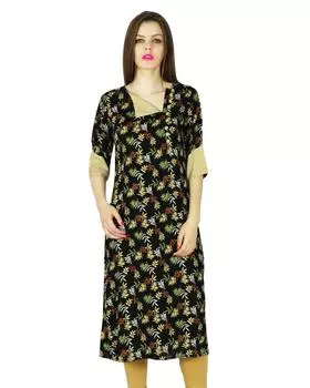 Phagun Indian Designer Kurta Women Ethnic Kurti Rayon Leaf Print Top Tunic 10 чёрный