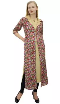Phagun Indian Women s Beige Kurti Длинная куртка с принтом и однотонной куртой 10 бежевый