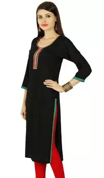 Phagun Этническое дизайнерское женское вискозное однотонное повседневное платье-туника Kurti Kurta 10 чёрный