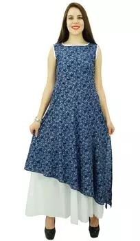 Phagun Этническое женское платье-туника без рукавов с принтом без рукавов, хлопковое платье-туника, дизайнер 10 темно-синий