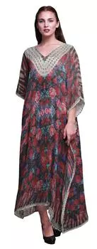 Phagun Leaves & Rose Floral Ladies Plus Size Kaftan Summer Wear Beach Coverup Kimono 4X-5X красный
