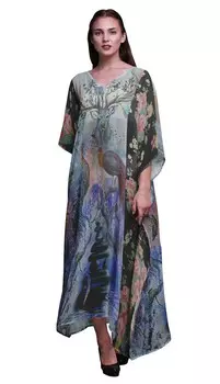 Phagun Peacock Bird Long Caftan Maxi Dress Beach Swimwear Cover up Womens 4X-5X лаванда синий