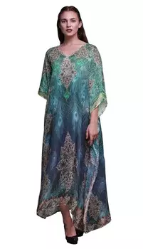 Phagun Peacock Feather Beach Kaftan Bikini Cover up Womena s Maxi Dress Long 4X-5X синий