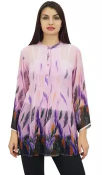 Phagun Pintucks Button Digital Leaf Printed Розовая свободная туника с длинным рукавом 10 розовый