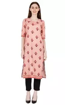 Phagun Printed Keyhole Neck Straight Kurtis для женщин Длинная туника Повседневная 2XL персиковый