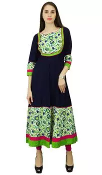 Phagun Rayon Anarkali Kurta Цветочное дизайнерское этническое платье-туника Kurti 10 темно-синий