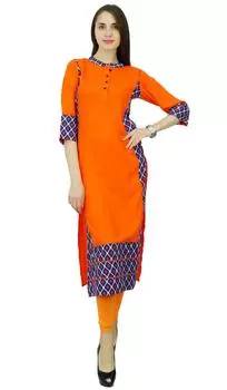 Phagun Rayon Bollywood Дизайнер Икат Курта Этническое платье Топ Туника Курти 10 оранжевый